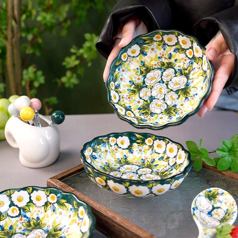 Sazaki浅茉 深圆盘子家用菜盘5.5英寸波兰彩陶瓷手绘釉下彩高颜值