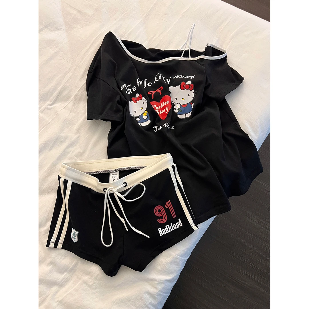 纯欲奶辣风kitty斜肩短袖睡衣女夏季新款短裤套装大码显瘦家居服