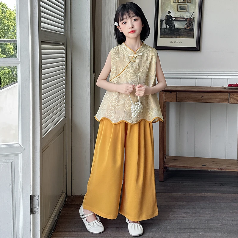 女童阔腿裤旗袍套装2025新款儿童夏季提花国风薄款盘扣上衣两件套