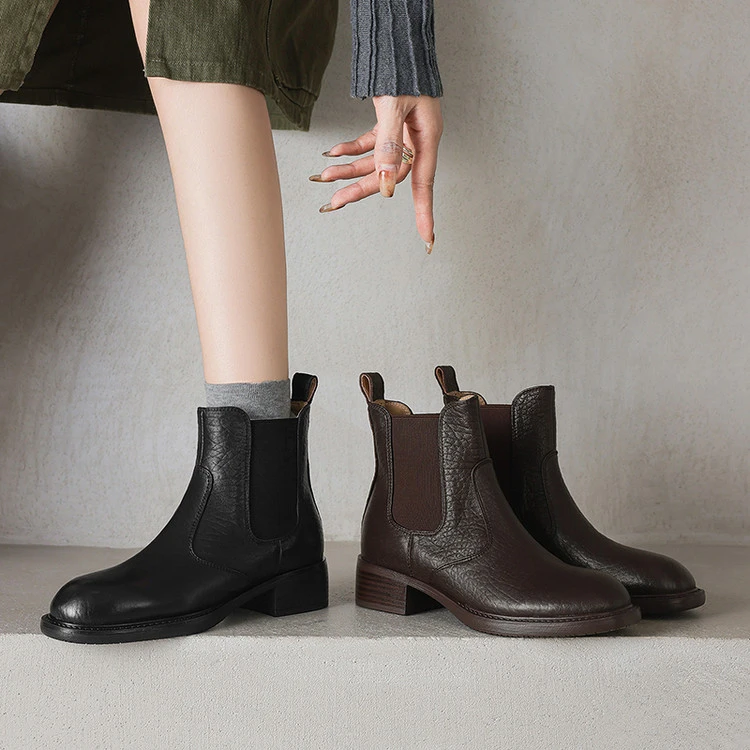 跟高4cm 英伦风通勤百搭粗跟切尔西靴秋冬复古简约时尚棕色瘦瘦靴