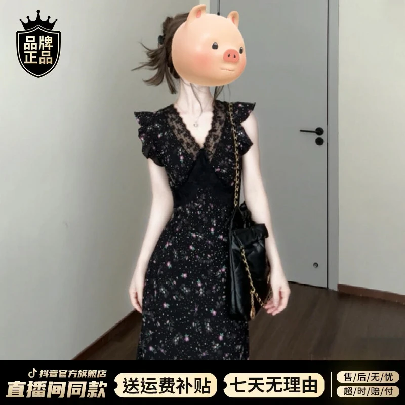 2025夏季新款高级感长裙女装裙子黑色碎花v领收腰穿搭爆款连衣裙