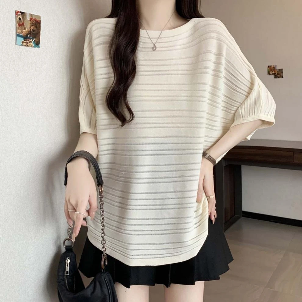 显瘦宽松夏季韩版条纹圆领五分袖洋气休闲针织衫女2025新款冰丝透