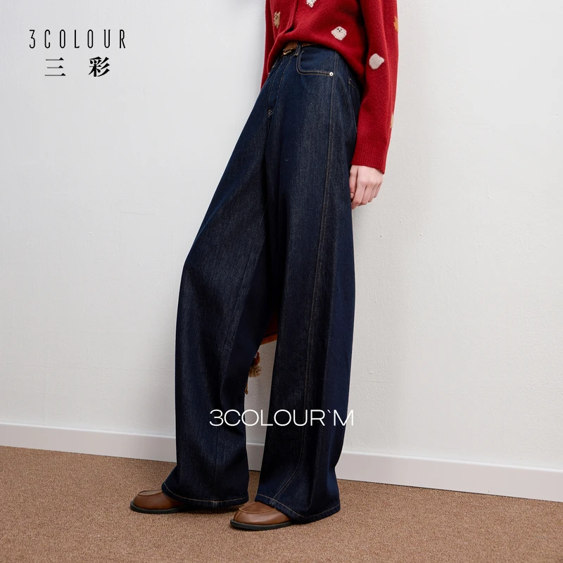 三彩2025冬季新款收腰直筒裤牛仔裤长裤百搭休闲保暖显瘦M