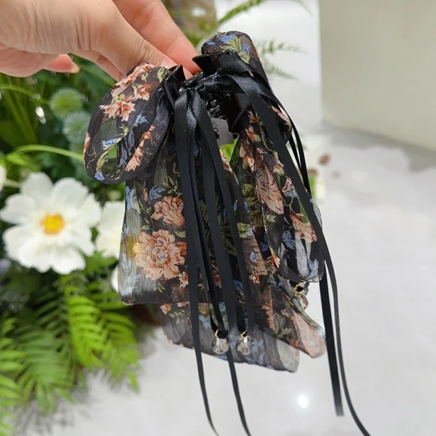 【镜花辞】系列原创黑色花花蝴蝶结飘带高马尾抓夹2630