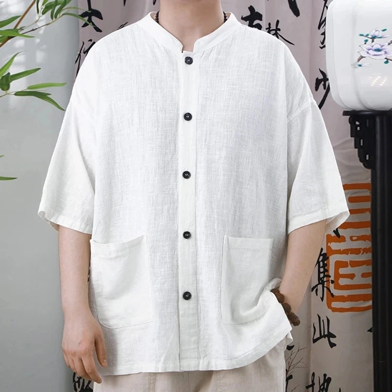 男士夏季棉麻短袖新款休闲简约宽松百搭立领五分袖男装上衣衬衫