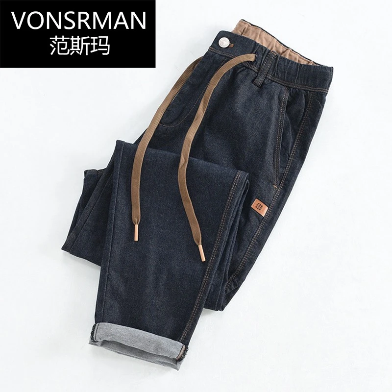 时尚春秋季小锥牛仔裤子男士系带撞色皮标合体百搭休闲小直筒长裤