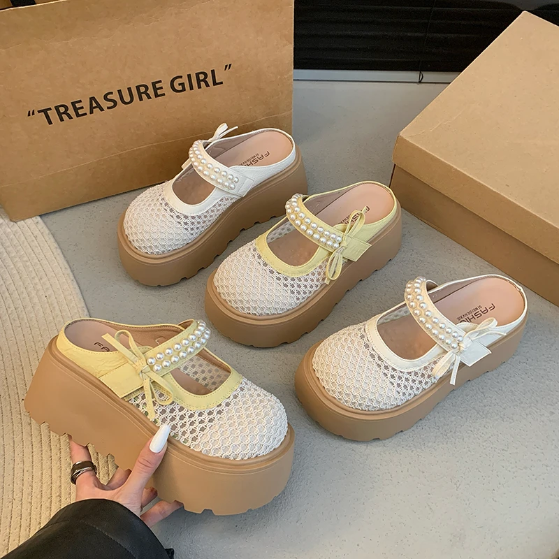 2025夏季新款松糕厚底仙女风包头半拖鞋女外穿休闲百搭镂空凉拖女