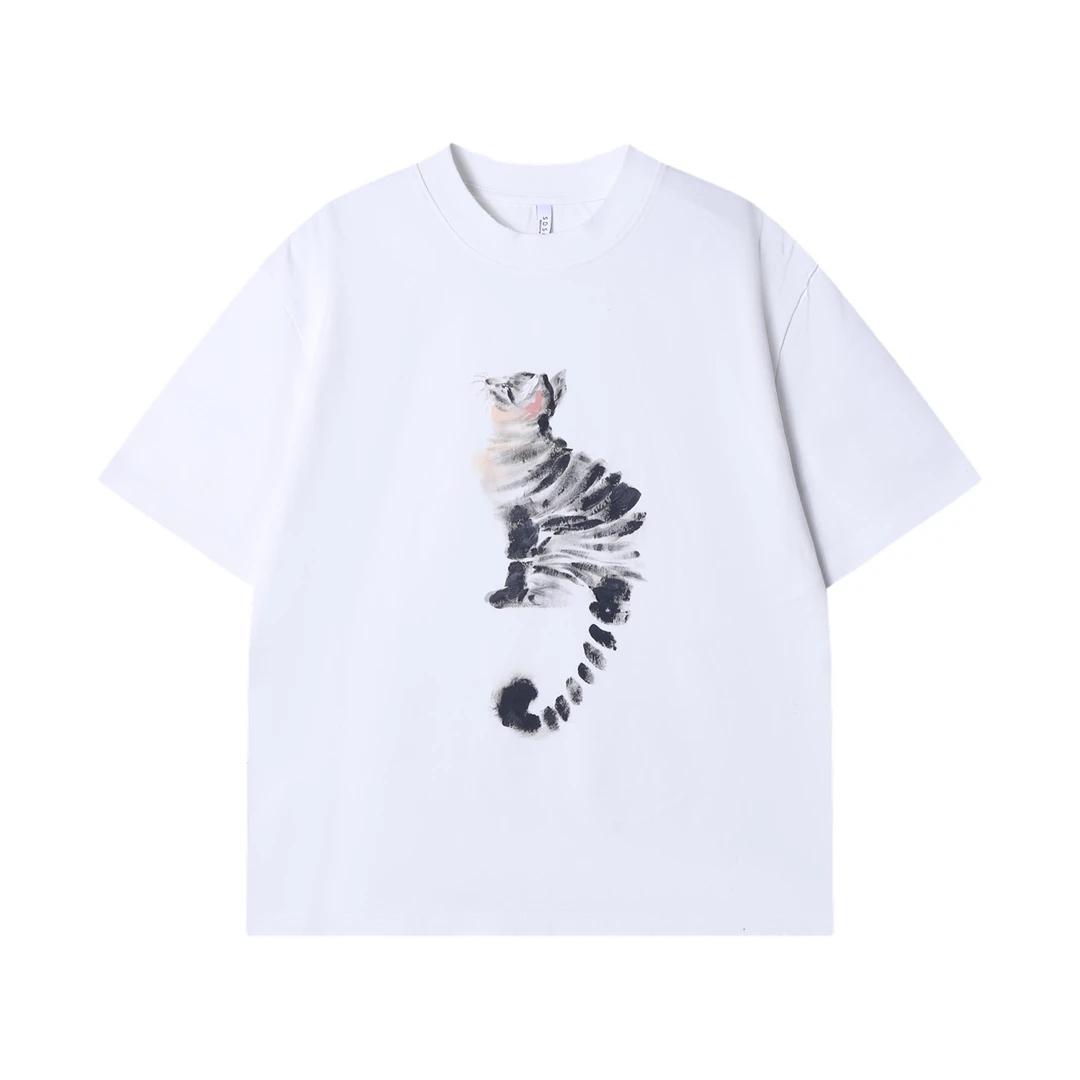 夏季高级感新款潮牌纯色小猫手绘圆领短袖T恤复古情侣宽松上衣