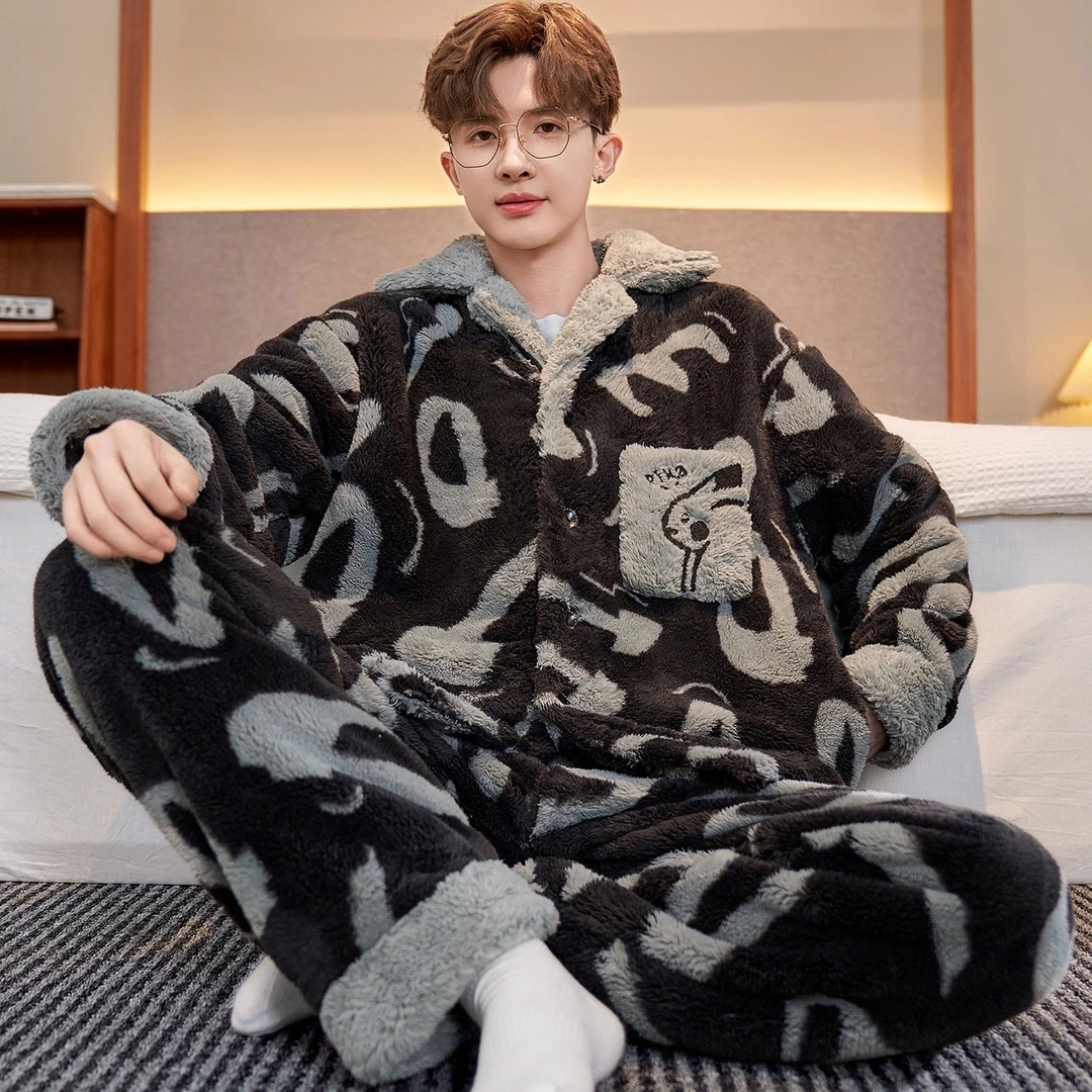 男士冬季睡衣加厚加绒珊瑚绒秋冬款开衫2025新款家居服睡衣套装