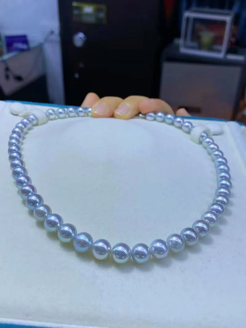 海水akoya真多麻圆珠极光满珠渐变珍珠项链8-9mmDF146