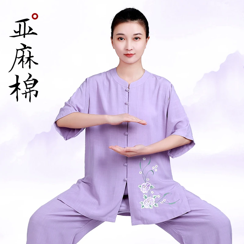 小和山太极服女新款2025高端亚麻棉麻太极拳练功服女夏季短袖薄款