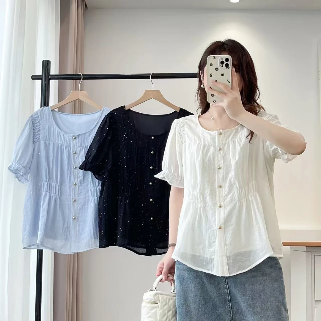 圆领宽松型透气短袖衬衫上衣甜美衬衣烫钻大码T恤不起球简约风