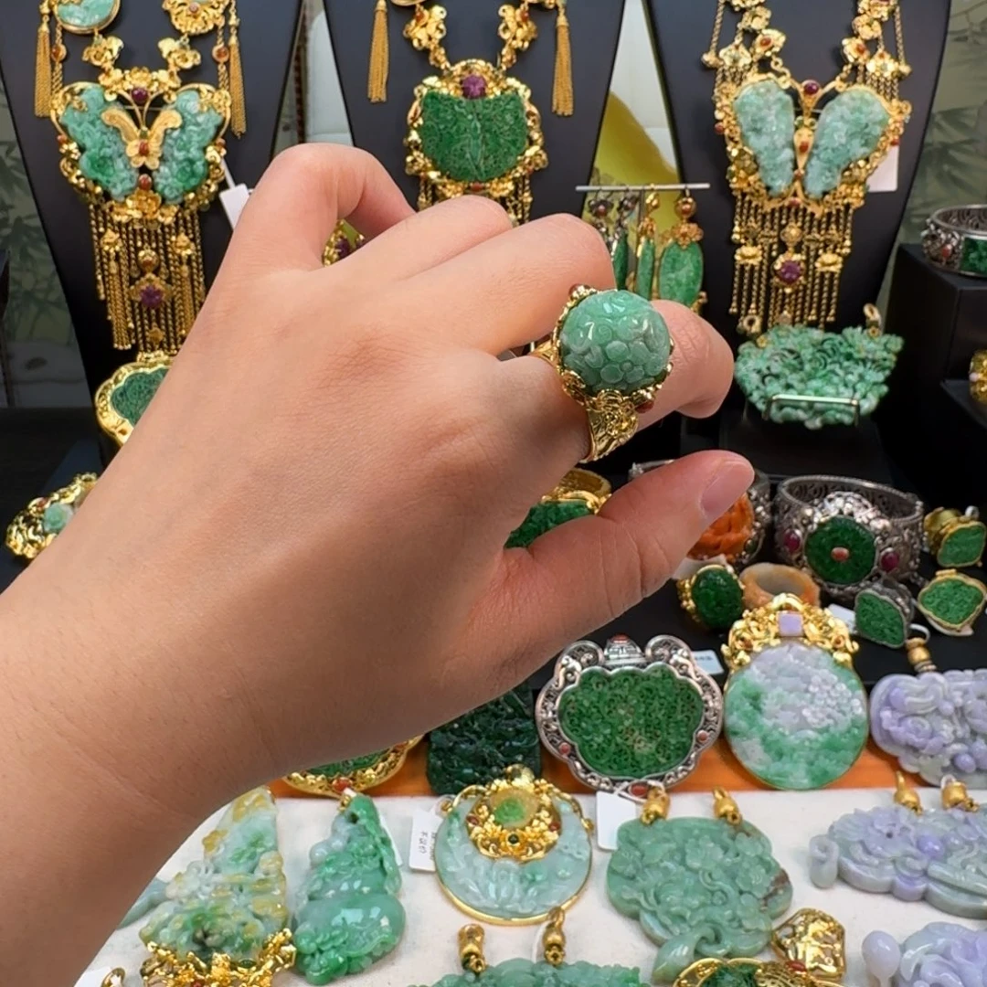 翡翠银S925镀金镶嵌颈饰戒指 炸价