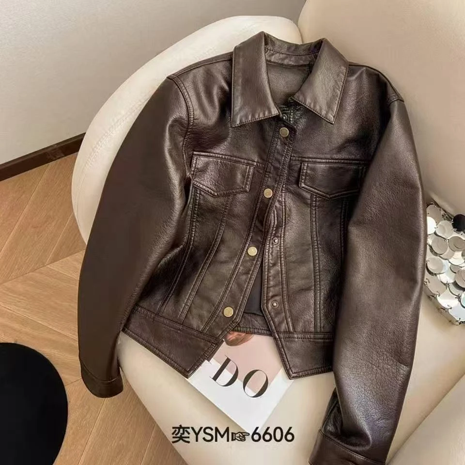 定制款荔枝纹超有型翻领皮衣女2025春季新款休闲皮衣外套女