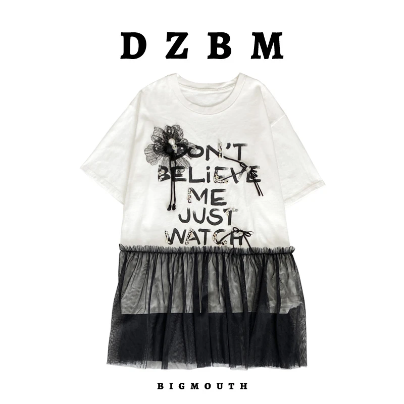 DZBM2025夏季新款重工缝钻设计百搭圆领网纱拼接连衣裙-Q3972