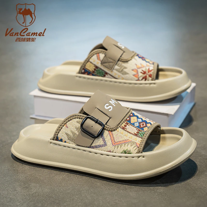 西域骆驼勃肯拖鞋男款夏季外穿防滑厚底国潮一字拖户外耐磨凉拖鞋