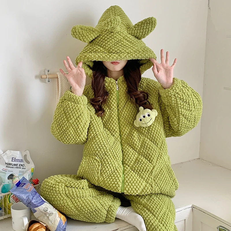 三层夹棉家居服女冬加厚加绒保暖2025年新款珊瑚绒睡衣法兰绒套装