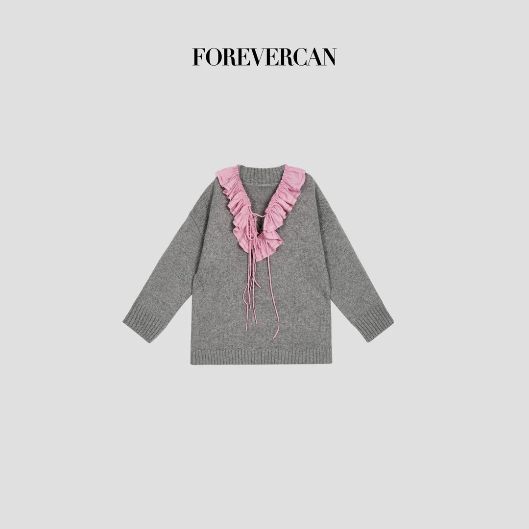 FOREVERCAN“烟暮粉夜”美丽诺羊毛流苏荷叶领针织上衣 MY4508