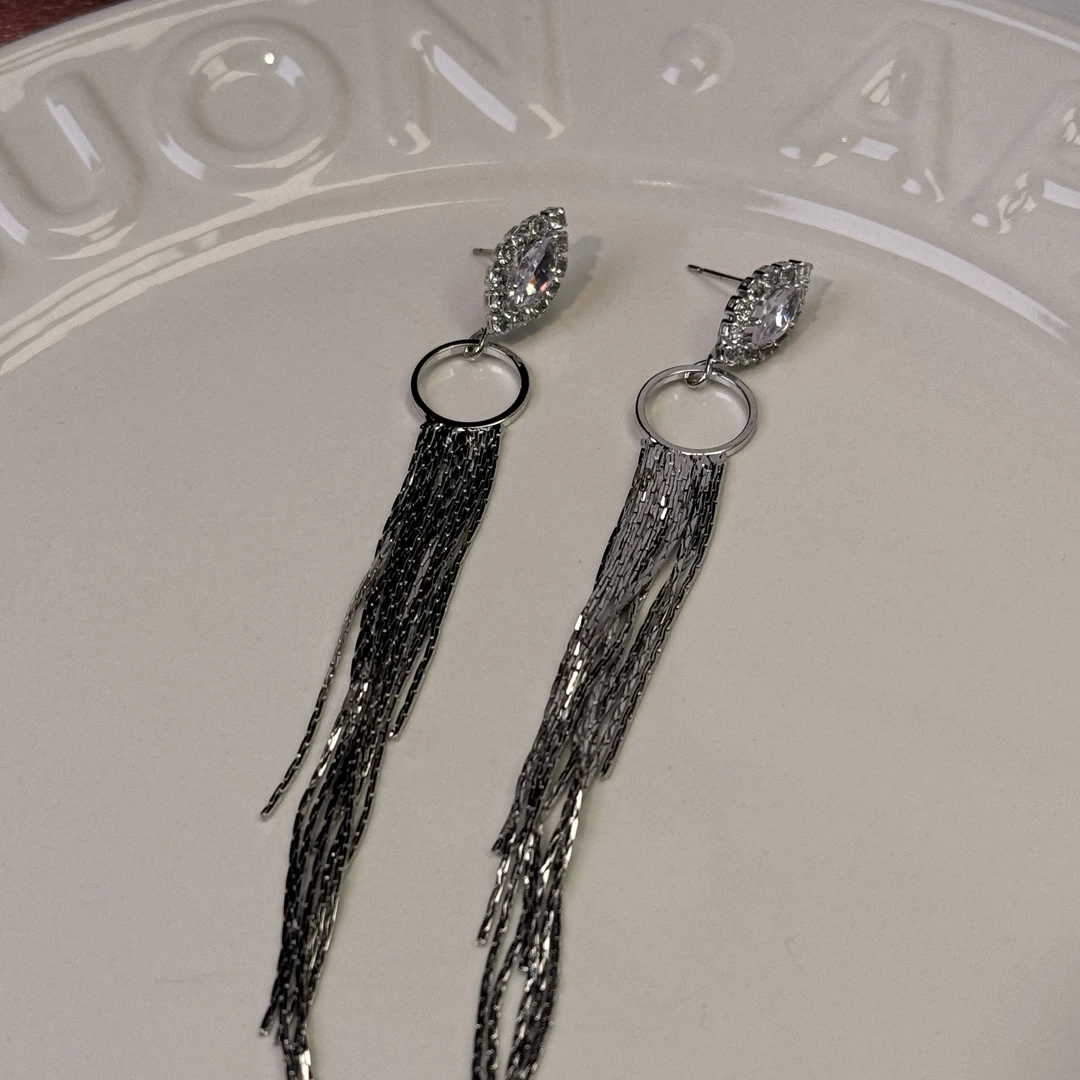 铜合金耳饰 韵味】气质轻奢时尚长款简约锆石流苏耳环小众个性耳钉