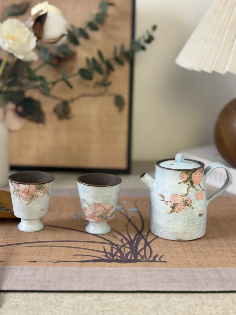 国风清新桃子画面泡茶小茶壶 景德镇纯手工雕刻绘画茶具茶壶