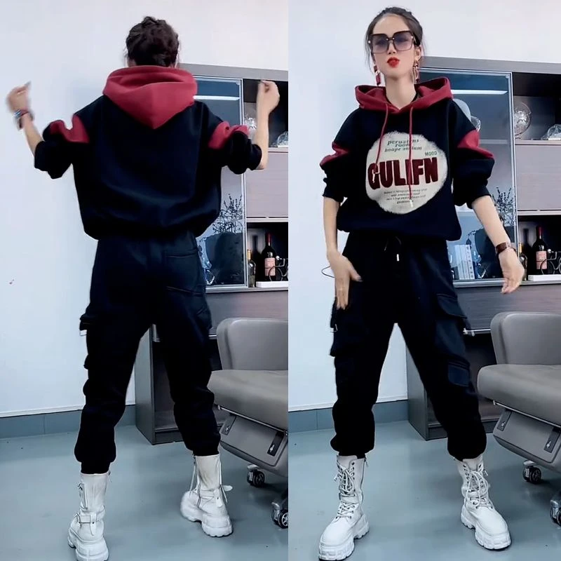 休闲套装女25秋冬时尚连帽拼色加绒加厚卫衣束脚工装裤大码两件套