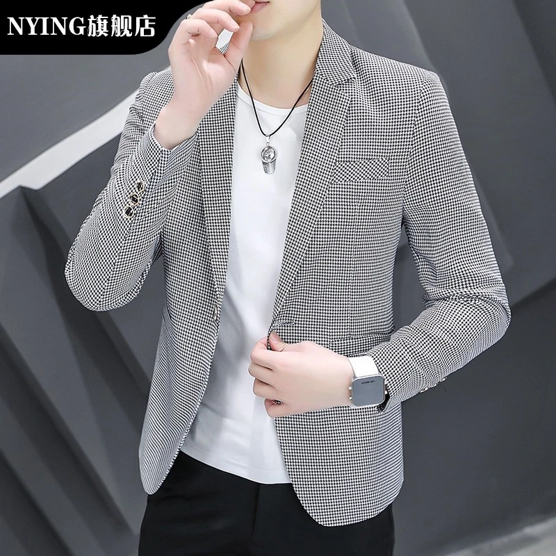 男士千鸟格韩版休闲西装春冬季潮流修身单西上衣便装西服时尚外套