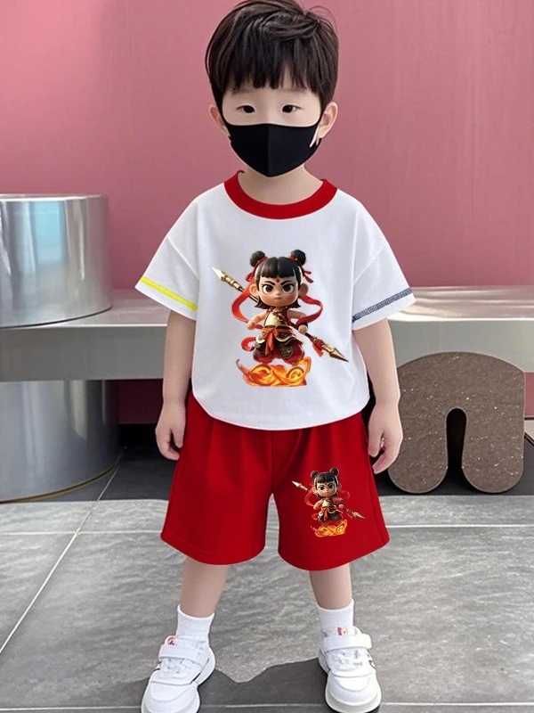 哪吒服装儿童套装夏季男童纯棉短袖短裤宝宝两件套薄款女童夏装潮