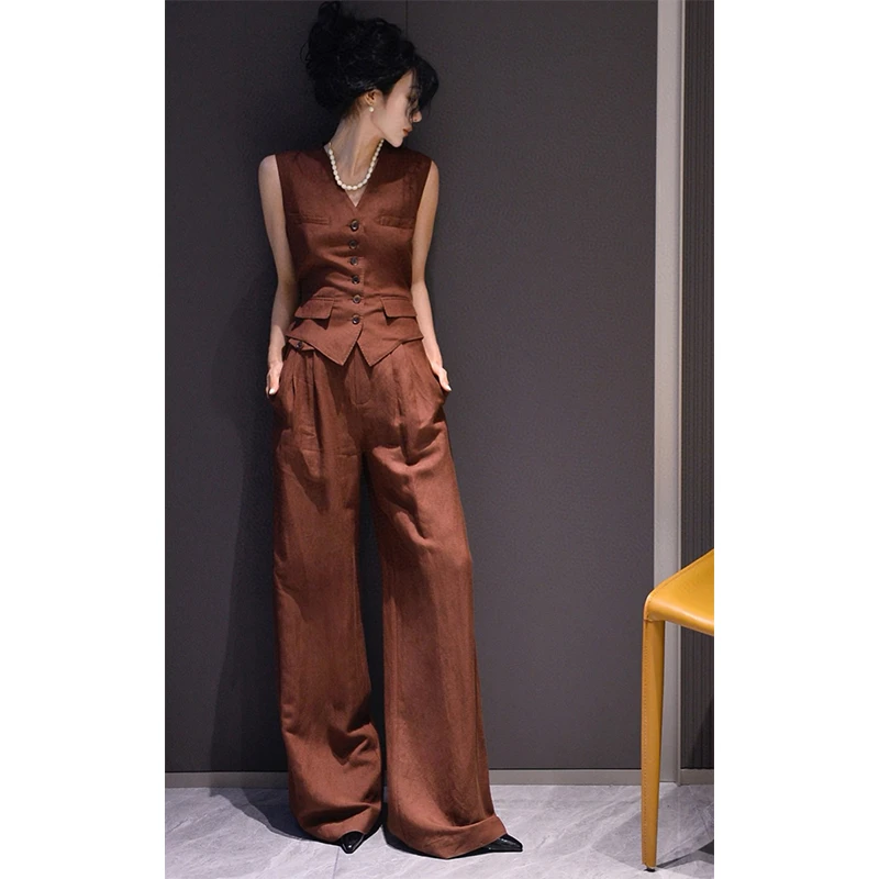 夏季女装2025新款时尚高级感老钱风亚麻松弛感西装马甲长裤两件套