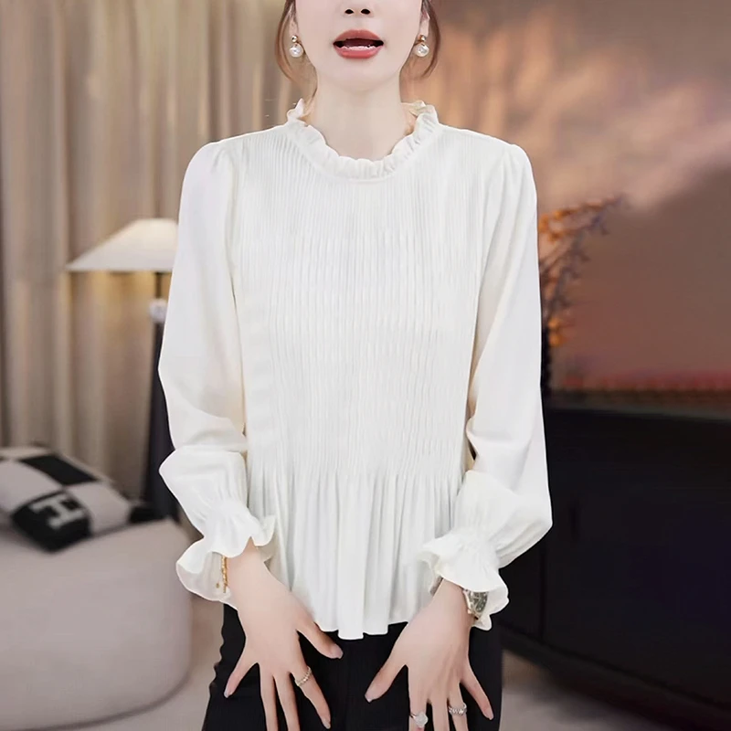 木耳边立领衬衫女士2025秋季新款洋气减龄显瘦高级感打底长袖上衣