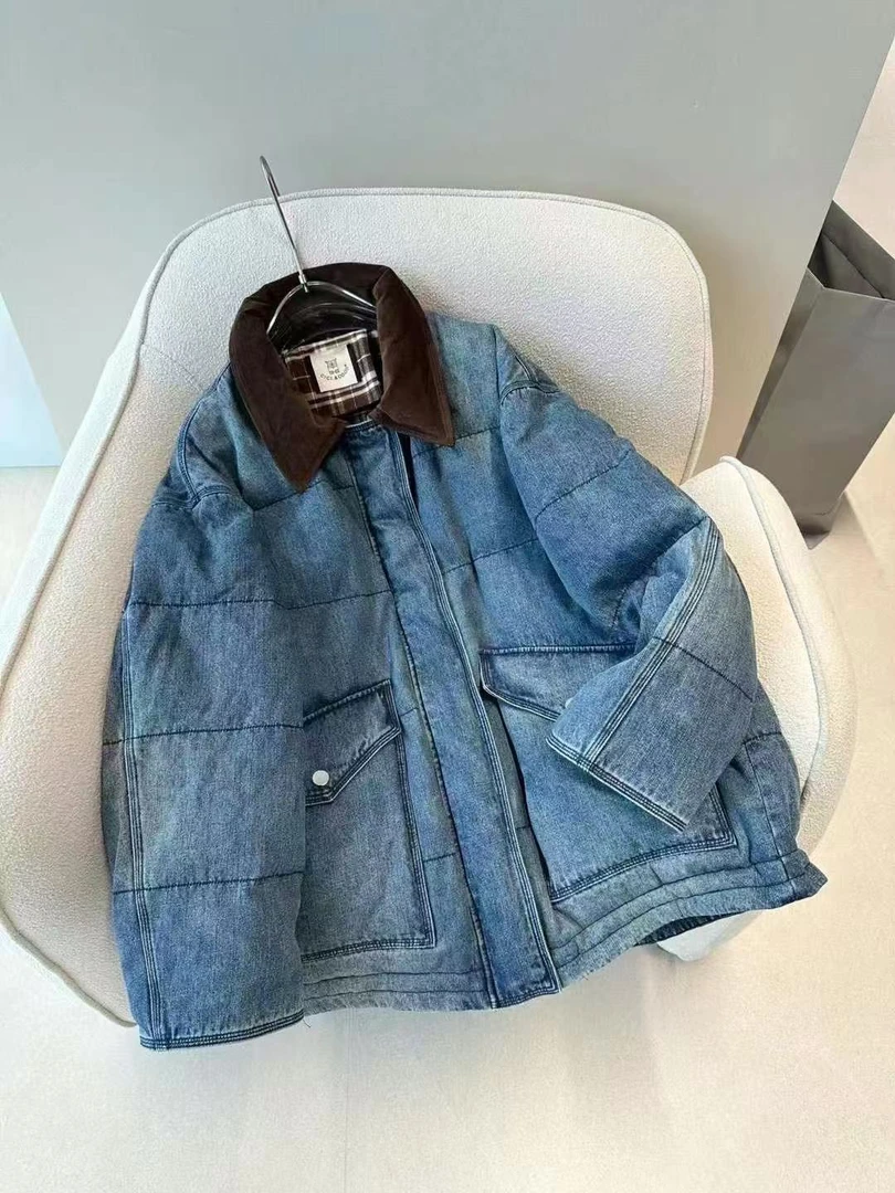 欧洲站2024冬季新款 cici.coco猫头鹰设计师款复古时髦牛仔鹅绒服