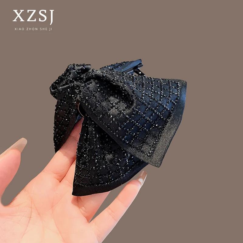 13cm赫本风满钻格纹黑色抓夹女高端气质后脑盘发鲨鱼夹马尾夹发卡