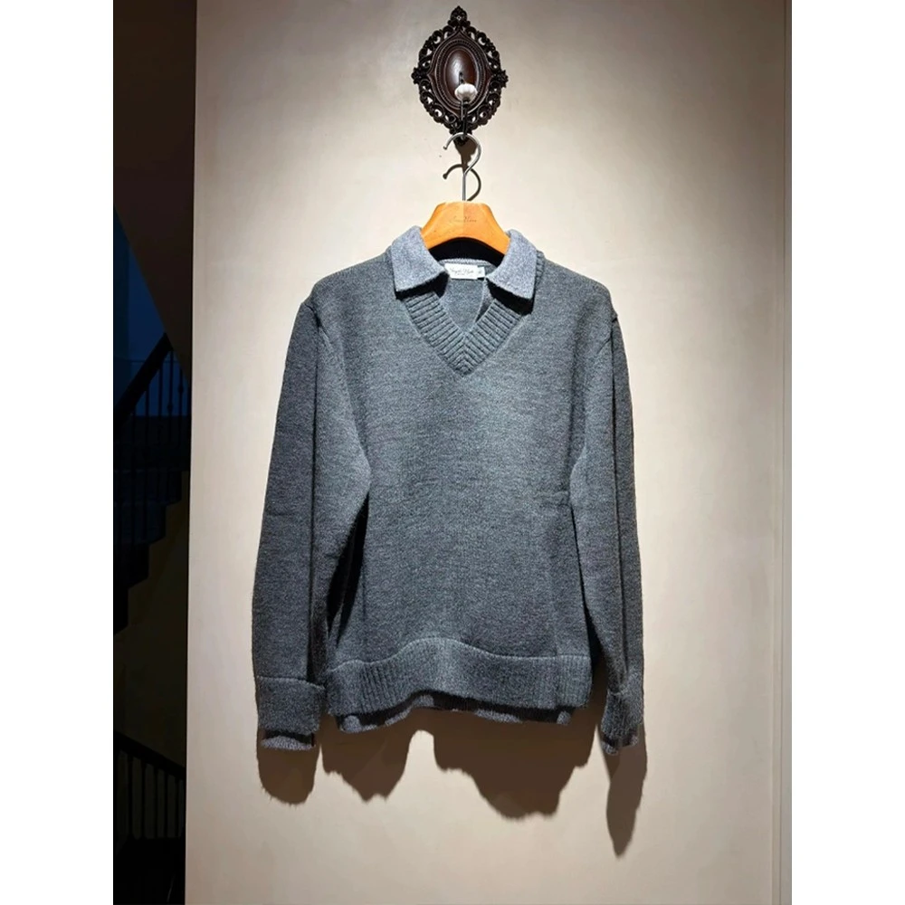 老钱风假两件V领毛衣男款美式套头针织衫慵懒高级感cleanfit外套