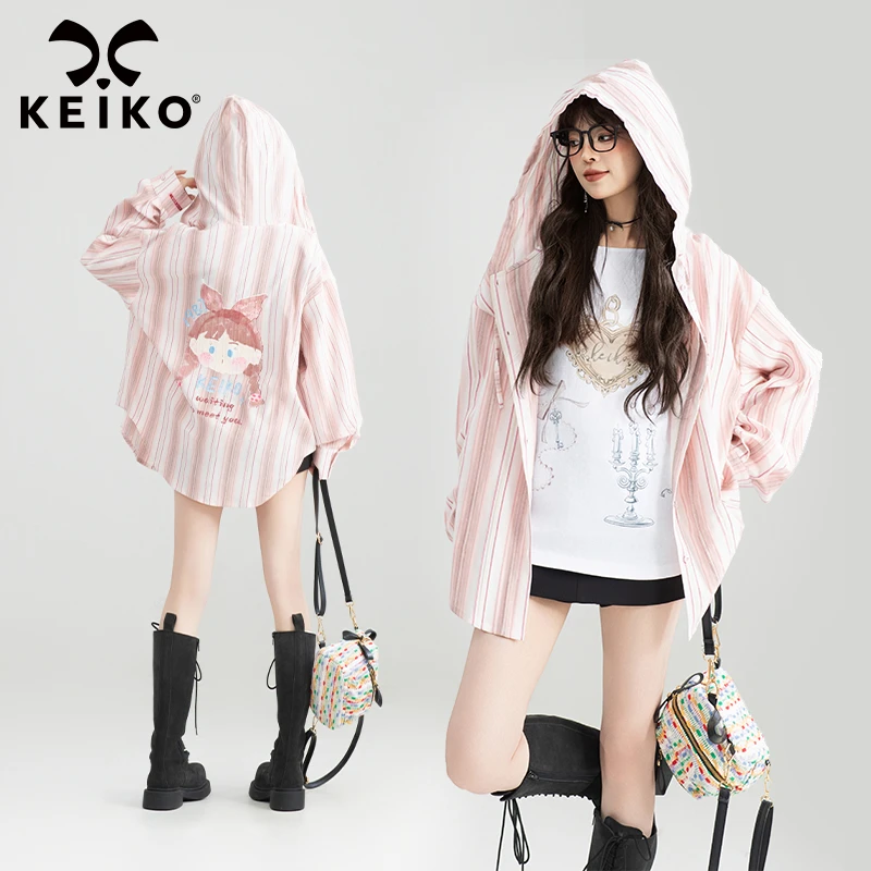 KEIKO 可甜可盐粉色条纹连帽衬衫女25秋出游松弛感宽松外套上衣