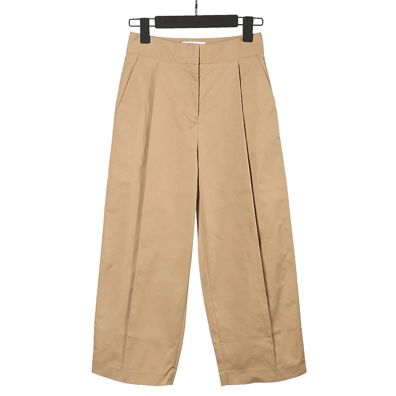 时尚简约卡其色直筒宽松高腰显瘦阔腿九分裤--HSK6066