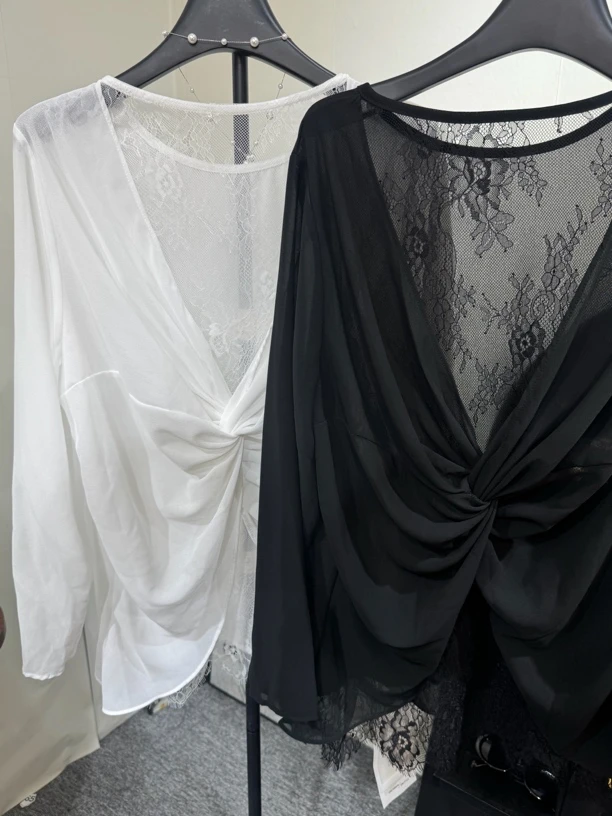 蕾丝拼接假两件防晒罩衫女2025夏季新款宽松显瘦扭结薄纱上衣