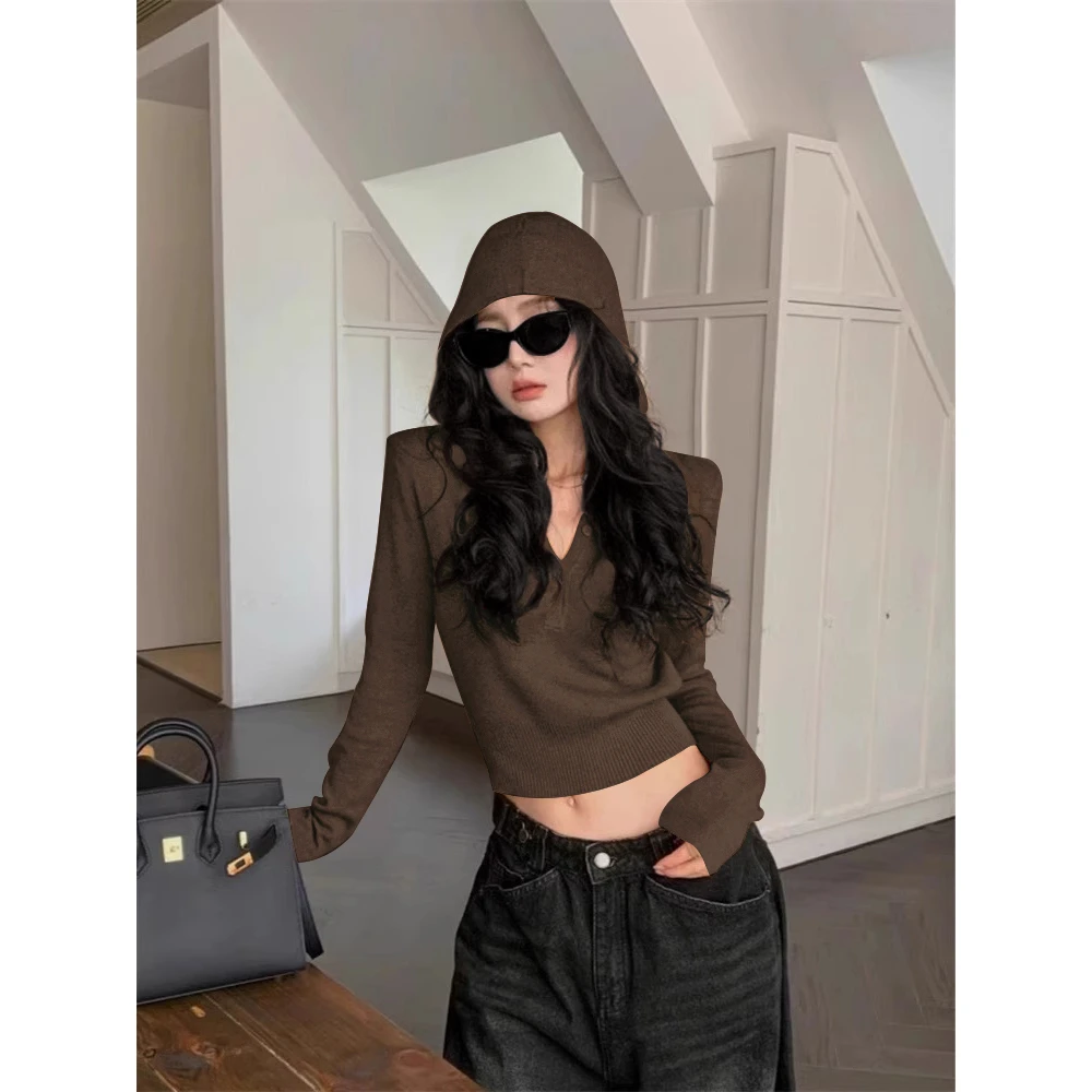 韩版百搭咖啡色连帽针织衫女春季洋气设计感休闲显瘦小众长袖上衣