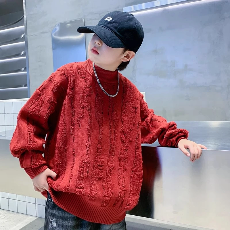男童红色毛衣秋冬2025新款中大儿童冬季加绒针织衫男孩加厚拜年服