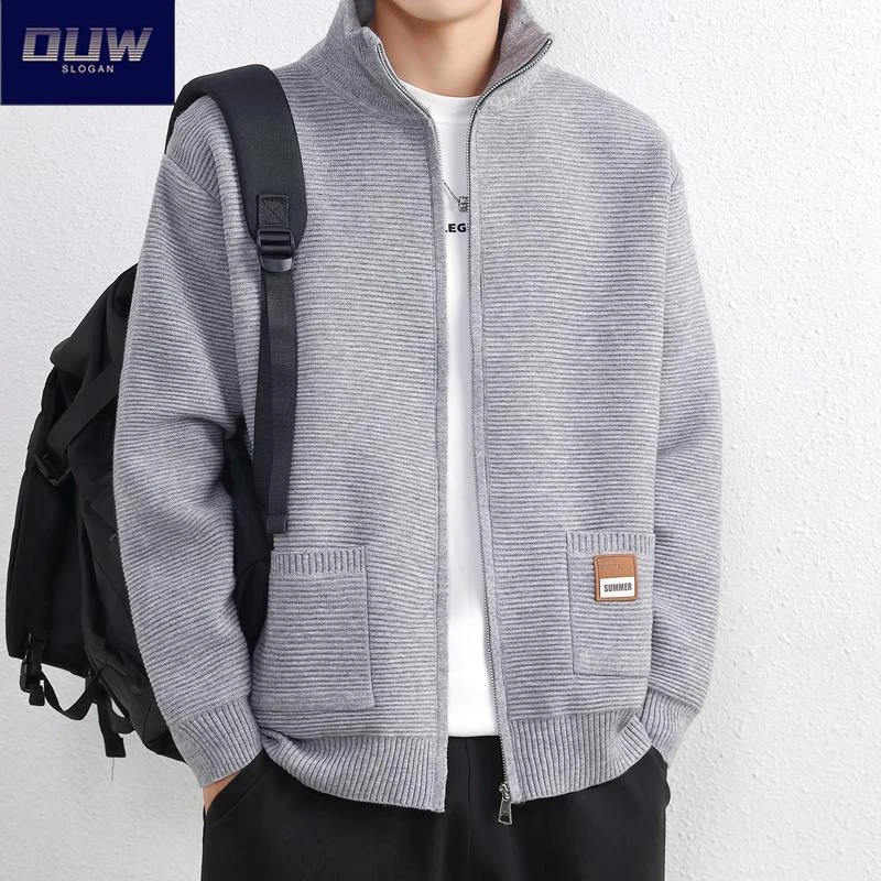 O.U.W潮牌秋冬季立领男士厚T恤春秋款重磅夹克外套针织开衫加绒
