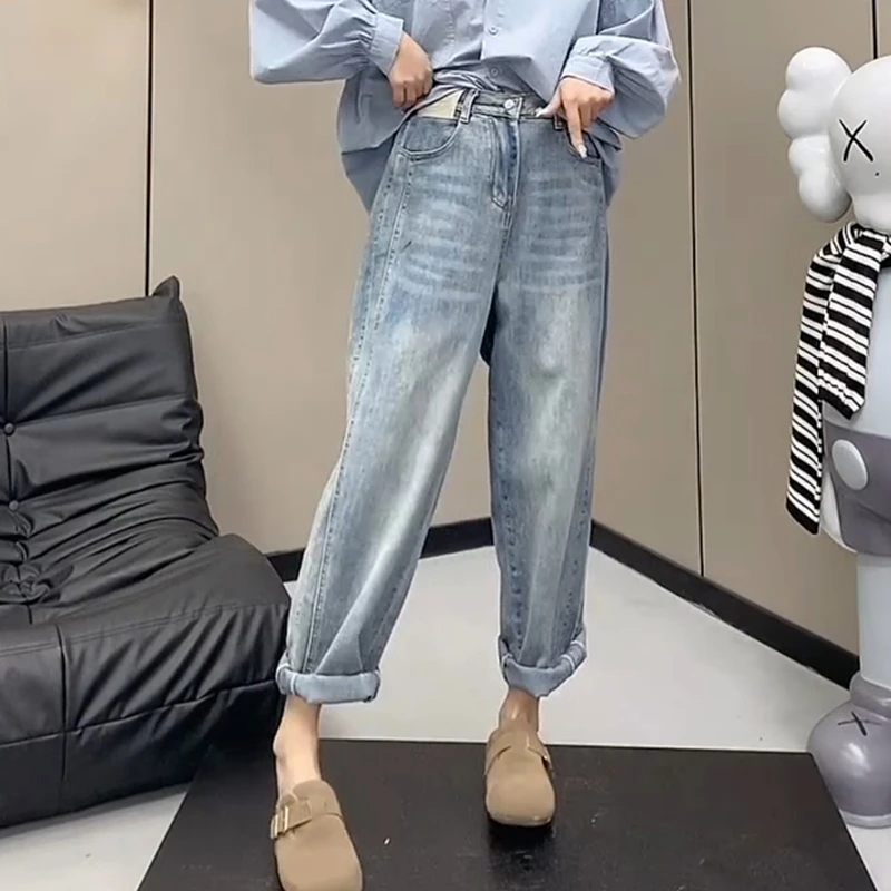 2025年春季新款大码哈伦老爹牛仔裤子女显瘦九分裤高腰弹力萝卜裤