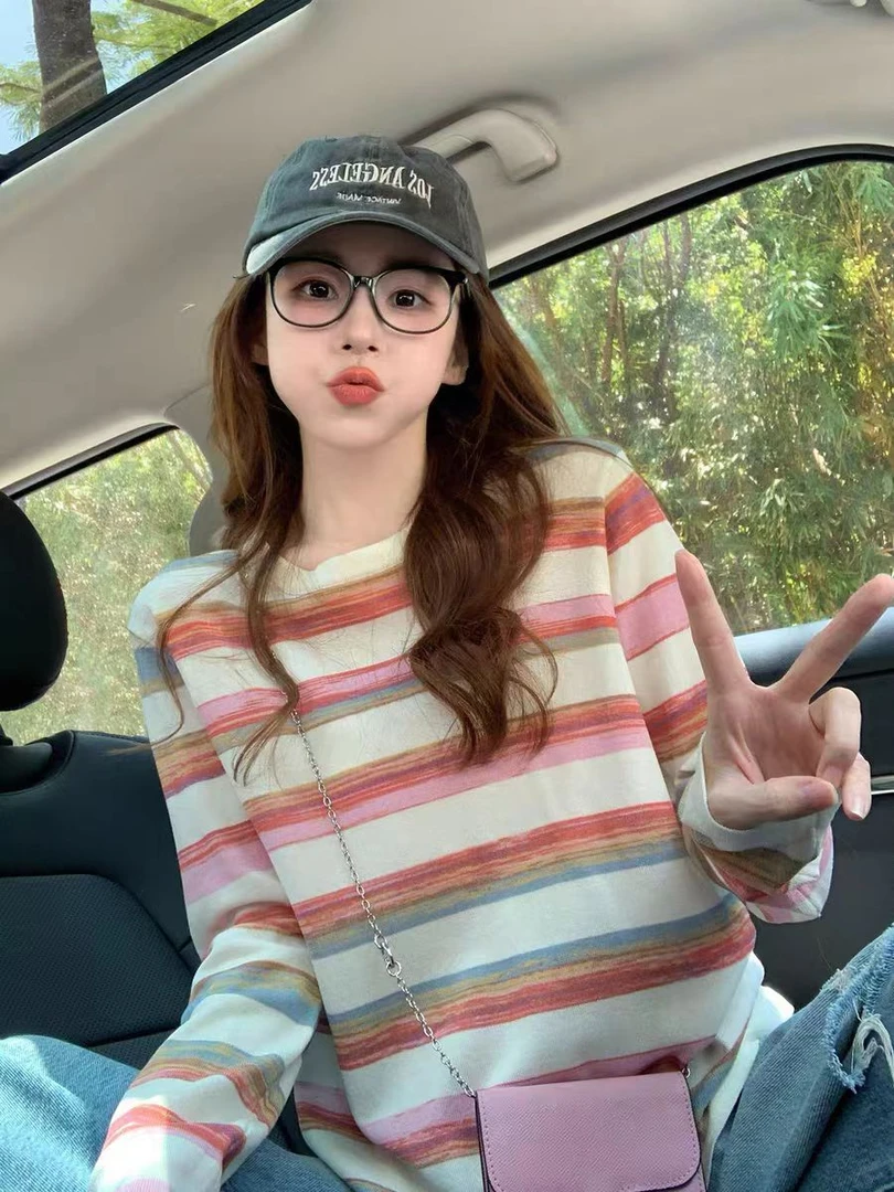 复古撞色条纹纯棉长袖t恤女2025新款冬季正肩宽松显瘦打底衫上衣