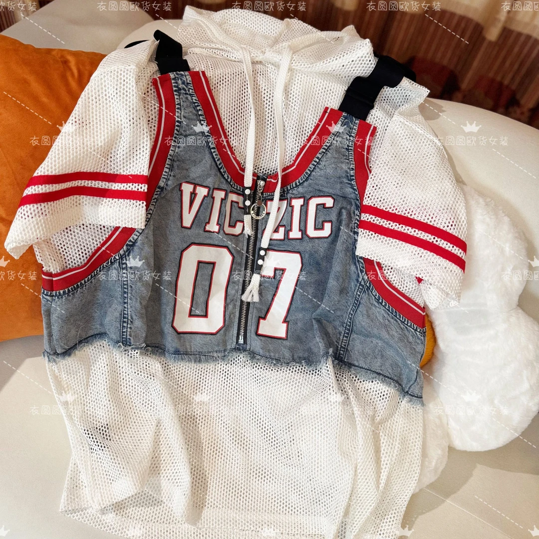 衣圆圆【夏季新款】s36325拼接牛仔透气网网纱百搭连帽完美女人时尚