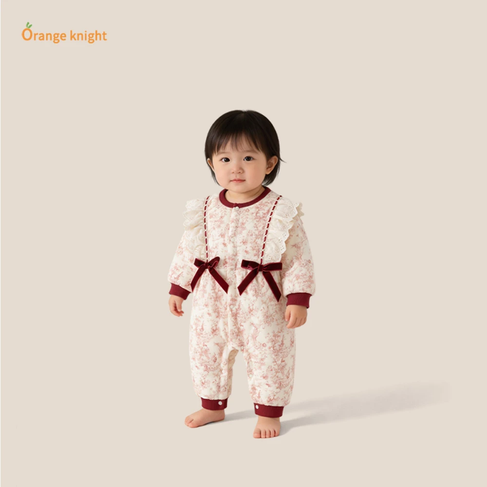 婴儿新中式连体衣女宝宝长袖加厚保暖蝴蝶结水墨画小公主哈衣爬服