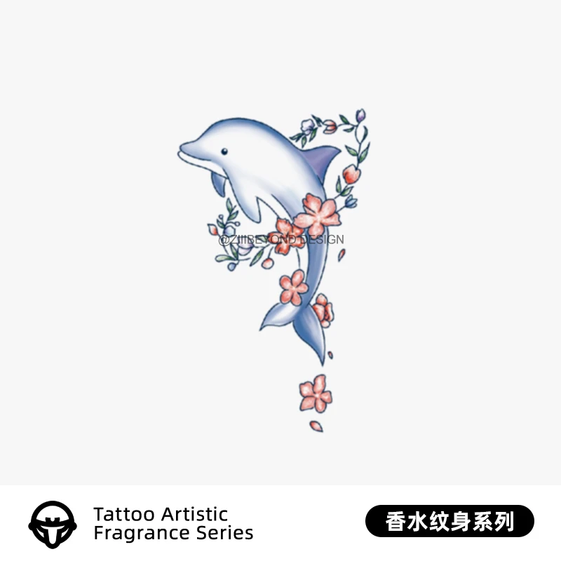 再变 粉花海豚彩色香水纹身贴女防水持久可爱逼真卡通高级感贴纸