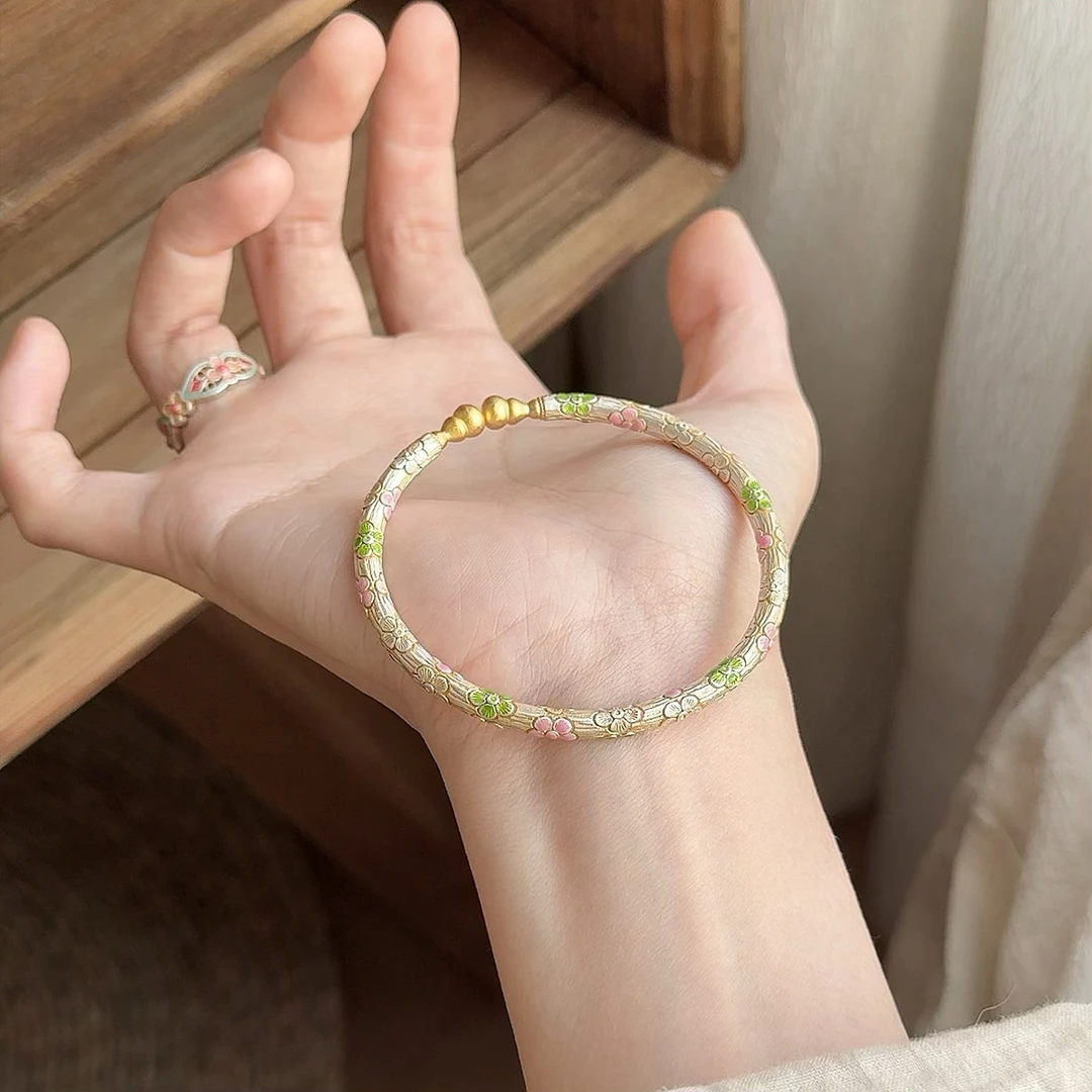 足银手镯 银9999新中式复古精致手工珐琅彩银手镯高级感时尚
