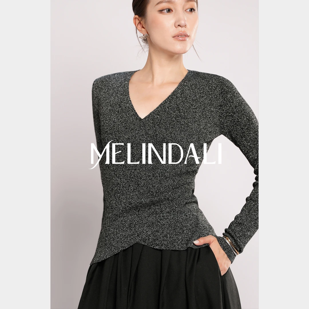 Melinda Li【星辰T】优雅职场银葱细闪绵羊毛收腰长袖针织衫上衣