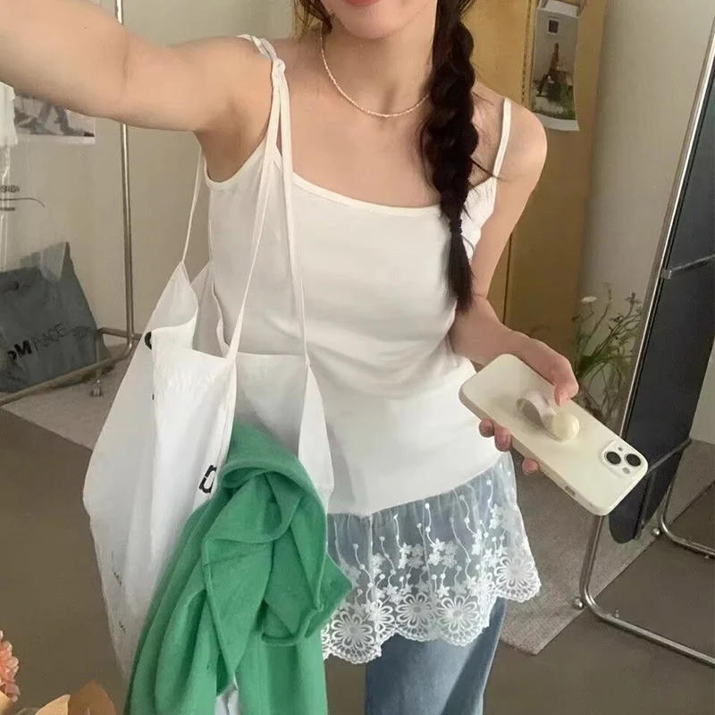 纯棉拼接蕾丝花边吊带背心女夏季新款小众设计感显瘦打底内搭上衣