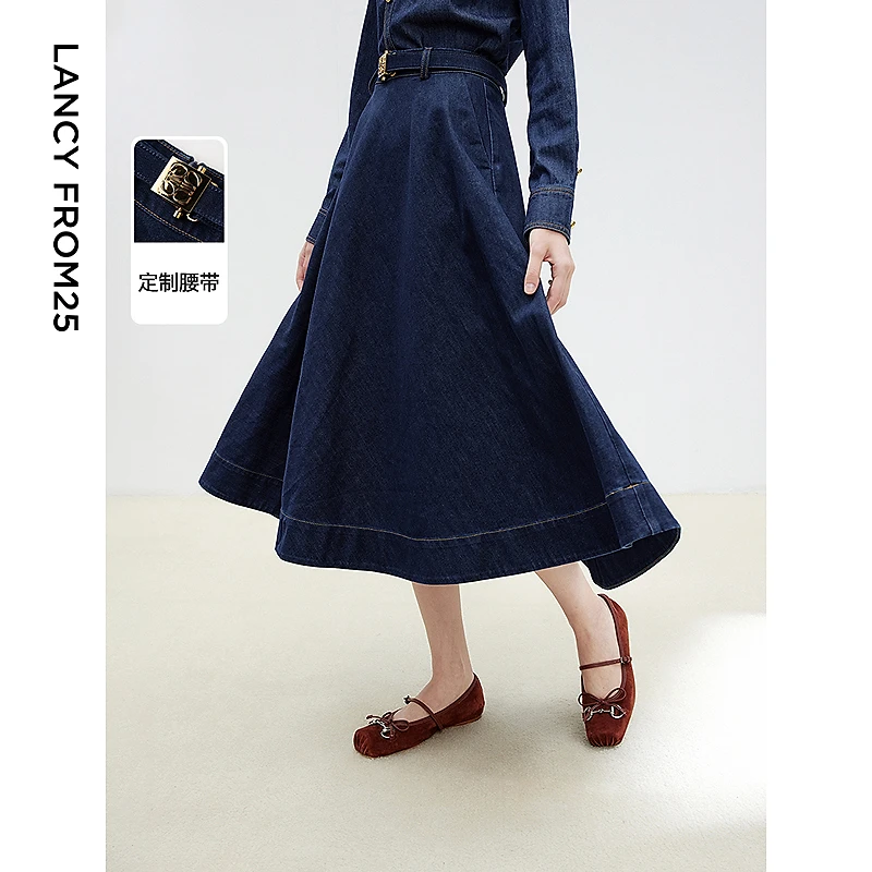 【粉丝专享】朗姿法式棉质蓝色牛仔复古半身裙高腰伞摆气质高端2025