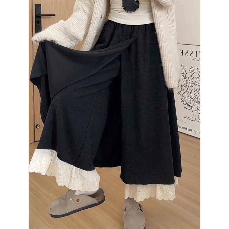 蕾丝拼接裙裤女秋季假两件屁帘显瘦慵懒松弛设计感休闲阔腿裤裙子