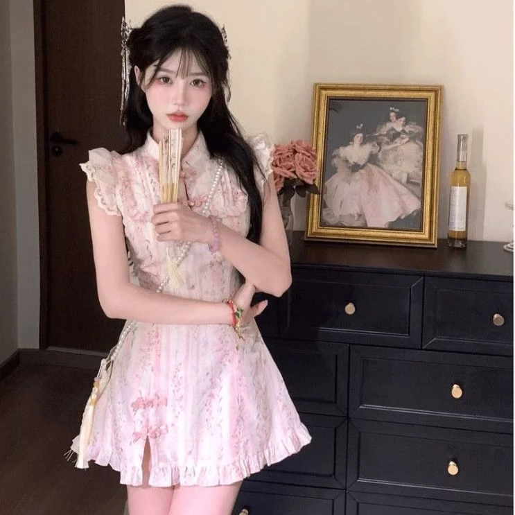 新中式夏季连衣裙2025新款小飞袖复古风盘扣甜美碎花粉色旗袍裙子