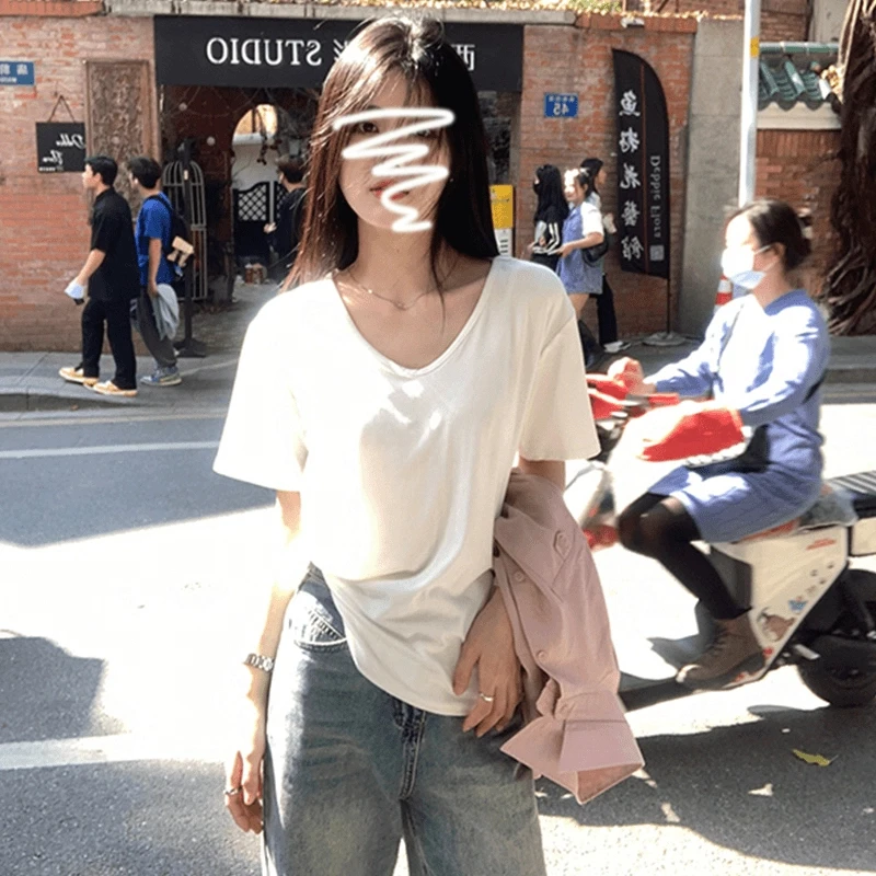 U领t恤女短袖白色正肩春夏2025年大领口宽松显瘦内搭上衣t恤